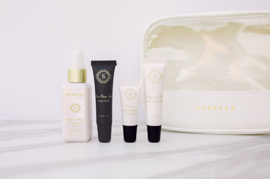 The Brightening Kit includes travel size versions of the Apricot Mango Cleansing Milk, Mint Poppy Seed Polish, Lemon Lightening Serum and Blueberry Milk Moisturizer
